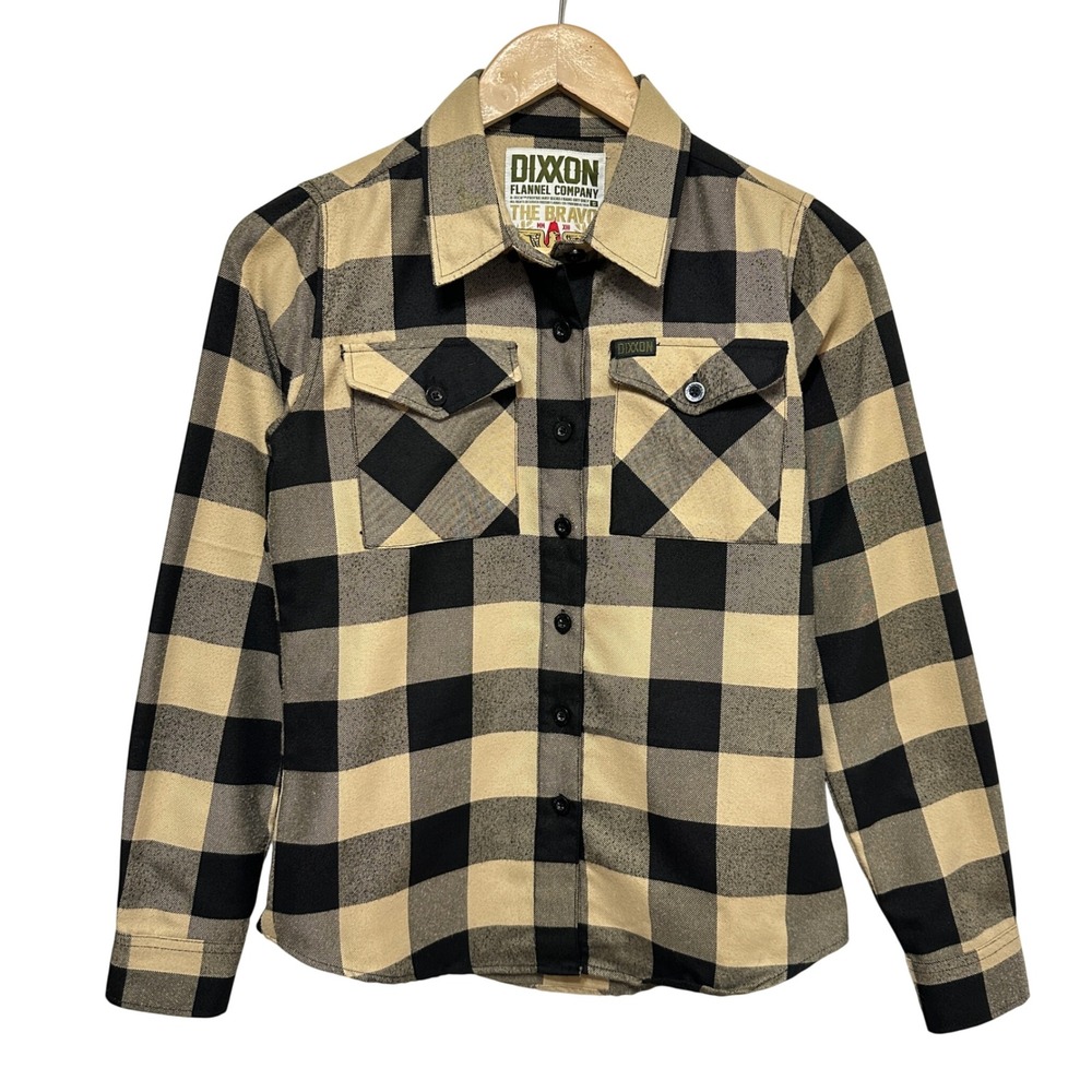 Dixxon Flannel Shirt The Bravo Women Small Tan Black Buffalo Plaid Grunge Skater